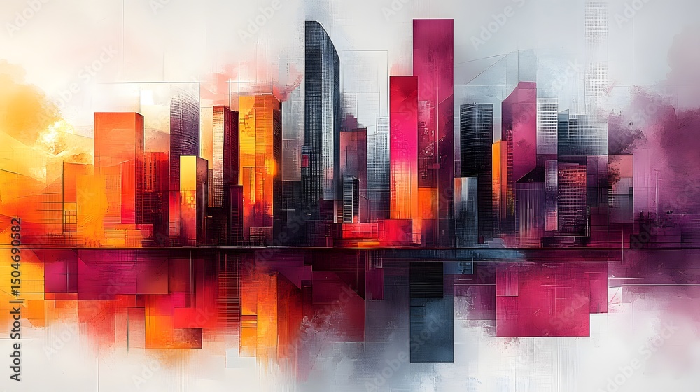 Artistic Continuous Line Rendering of Modern Urban Skyline Merging Bold, Colorful Abstract Shapes with Refined Architectural Elegance Artistic Continuous Line Rendering of Modern Urban Skyline Merging Bold, Colorful Abstract Shapes with Refined Architectural Elegance