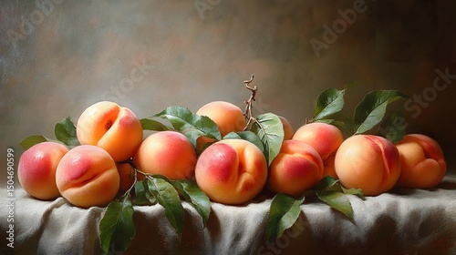 Intricate Still Life Composition Showcasing Succulent Peaches with Pristine Leaves Arranged on a Soft Canvas Cloth with Timeless Artistic Ambiance