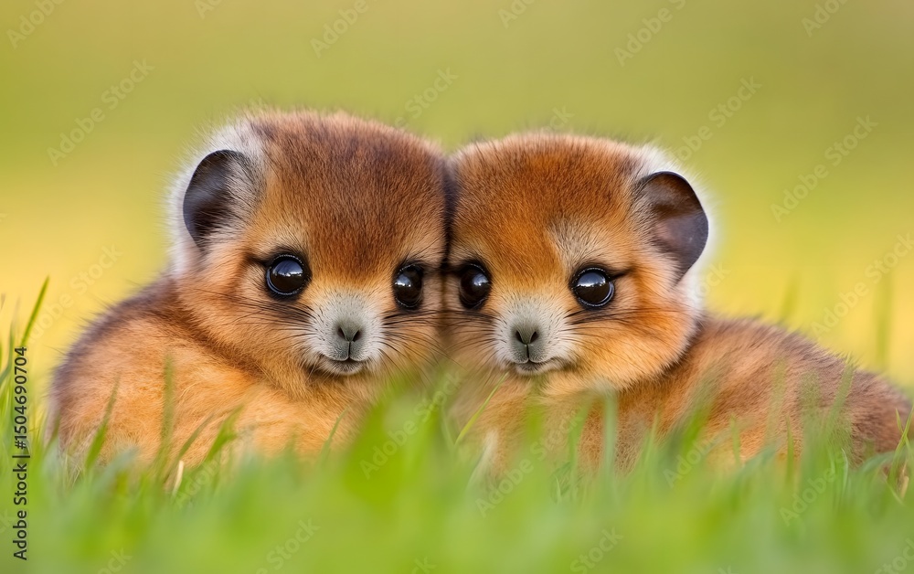 Obraz premium Adorable Twin Ezomys Baby Animals in Grass