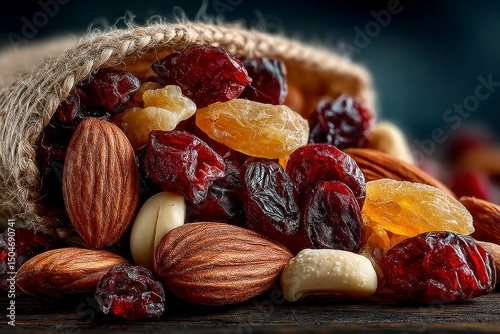 Fototapeta Naklejka Na Ścianę i Meble -  A bountiful assortment of dried fruits and nuts spilling from a rustic sack perfect for health