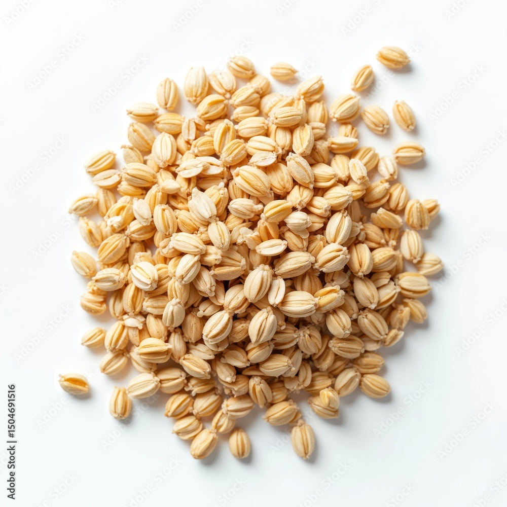 Obraz premium Isolated barley wheat oats seeds on white background. Grain, cereal seeds. Healthy food, vegetarian eating. Natural organic agriculture product. Harvesting season, bakery, healthy food design