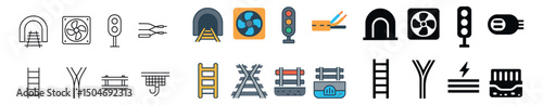 Industrial and traffic icon collection: flat, filled, and outline style for engineering
