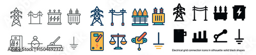 Electrical grid connection icon collection in outline, silhouette, and color styles