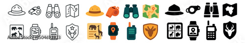 Outdoor adventure icon collection in flat, outline, and colorful styles. hiking and exploration set