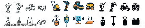 Construction and machinery icon collection: flat, outline, and colorful equipment set