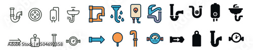 Plumbing and utility icon collection in line, filled, and outline styles. repair and maintenance set