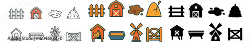 Farm and agriculture icon collection: outline, filled, and hand-drawn symbols set