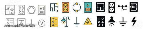 Electrical and energy icon collection. outline, flat, and color symbols for power design