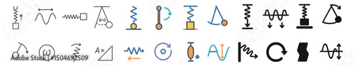 Physics and mechanics icon collection with flat, outline, and colorful designs set