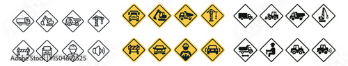 Construction and road sign icon collection. flat, outline, and caution designs set