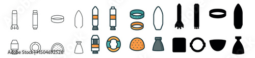 Rocket and spacecraft icon collection: linear, silhouette, and flat designs. space and exploration set