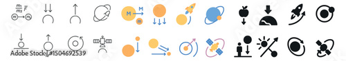 Physics icon collection in flat, silhouette, and linear styles. science and education set