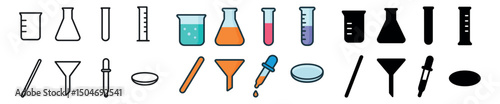 Laboratory equipment icon collection in flat, outline, and colored styles. science tools set