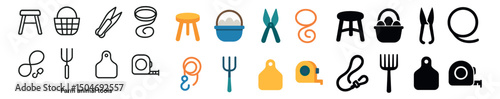 Farm animal tools icon collection in outline, filled, and flat styles. agricultural and barn set