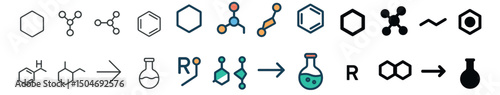 Chemistry and science icon collection: linear, flat, and colorful design set