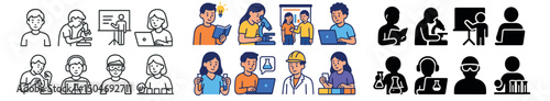 Education and science icon collection in line, flat, and silhouette styles. study tools set