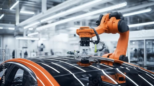Industrial close-up of orange robotic arms operating over complex components in the early stage of vehicle assembly inside an advanced manufacturing unit.