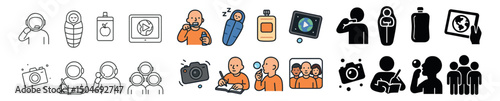 People and technology icon collection in outline, filled, and hand-drawn styles