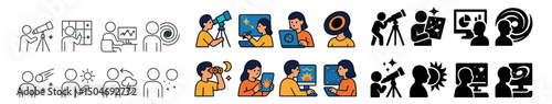 Astronomy and research icon collection with outline, flat, and silhouette styles