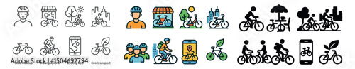 Cycling and urban lifestyle icon collection: linear, color and filled designs