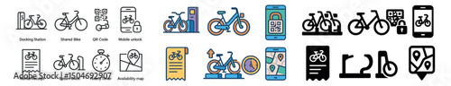 Bicycle rental icon collection: colorful, outline, and glyph style. bike sharing set