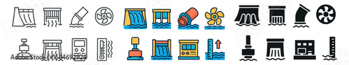 Water management icon collection: line, filled, and color styles for utilities and flow