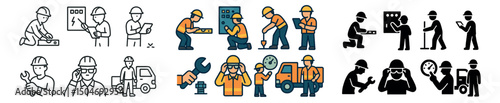 Construction worker icon collection. line, filled, and silhouette styles for building