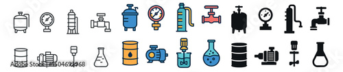 Industrial process icon collection in flat, outline, and filled styles. machinery set