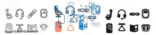 Travel and aviation doodle, outline and filled icons collection. flight and journey symbols
