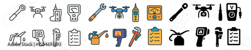 Drones and tools icon collection in flat and outline styles. gadget and equipment set