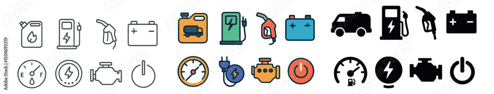 Fototapeta premium Automotive and fuel icon collection: outline, filled and colored vehicle symbols