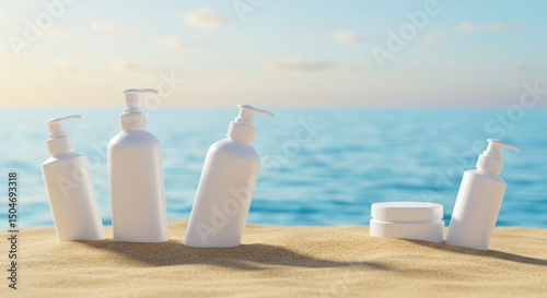 Beach Bliss Skincare products on sandy shore