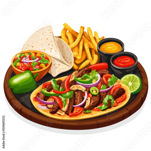 Fajita Platter, vector graphic, 2D flat isometric cartoon illustration on white background.
