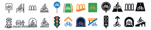 Bicycle and cycling icon collection in outline and flat styles. transport and road signs set