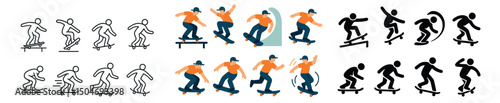 Skateboarding icon collection in linear, silhouette, and dynamic styles. action sports set