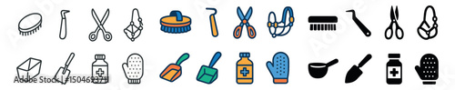 Cleaning tools, gardening, and kitchen icon collection in flat and outline style