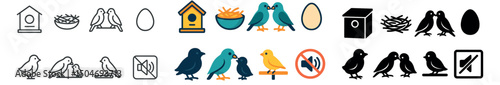 Birds and nests icon collection in outline, flat and solid styles. avian and egg symbols