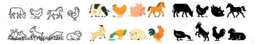 Farm animal icons collection in outline, flat, and silhouette. barnyard and livestock set