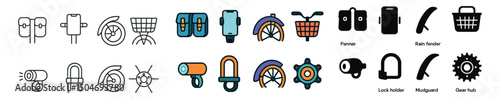 Bicycle accessories icon collection in vibrant and outline styles. gear and parts set