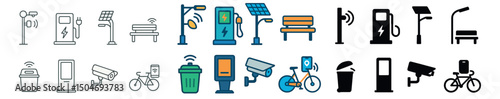 Public utility icon collection: flat, outline, and filled styles. urban infrastructure design set