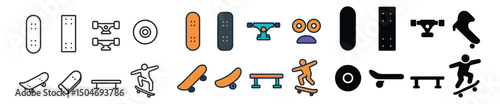 Skateboarding icon collection: outline, flat, and filled styles. sports and hobby icons