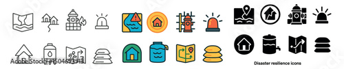 Disaster resilience icon collection: outline, filled, and flat style emergency symbols