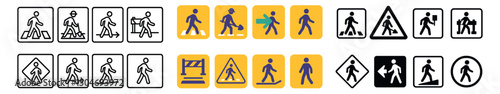 Pedestrian safety and warning icon collection. minimalistic and outline style signs set