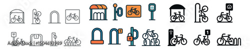 Bicycle parking icon collection with outline, flat, and colorful styles. cycling symbols set
