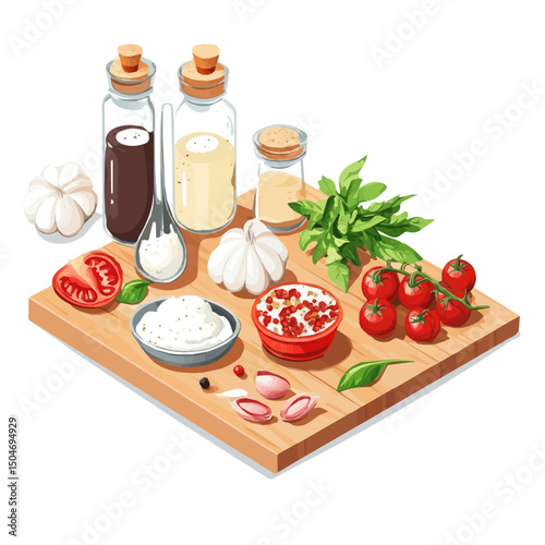 Cooking Ingredients, vector graphic, 2D flat isometric cartoon illustration on white background.
