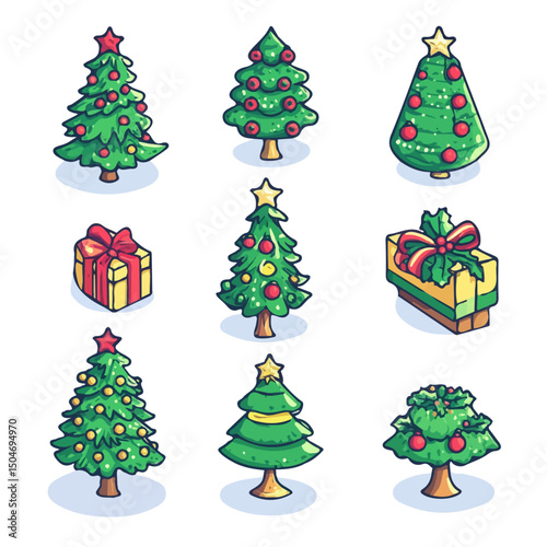 Christmas Tree Ornaments, 2D isometric flat cartoon vector illustration isolated on white background.