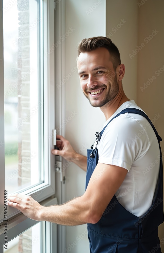 Fototapeta premium Smiling man repairer in overalls installs new white window. Professional installer at work. Home renovation, apartment repair. Modern build, construction concept. Happy handyman in work uniform.