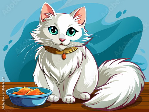 vector of Beautiful white fur cat with food bowl eating