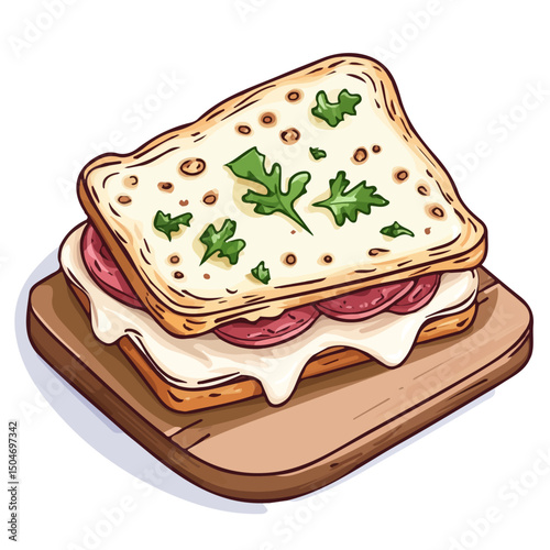Croque Monsieur, vector graphic, 2D flat isometric cartoon illustration on white background.
