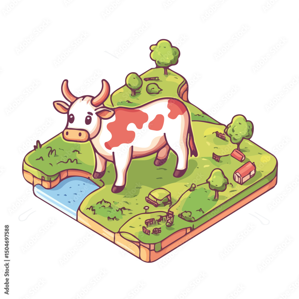 Fototapeta premium Cow, vector graphic, 2D flat isometric cartoon illustration on white background. 
